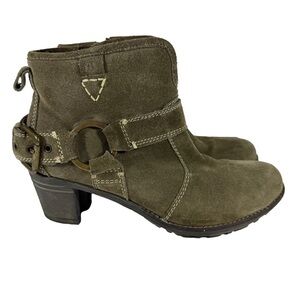 Josef Seibel Suede Heeled Boots Sz 9 Brown Green Buckle Moto Zip Leather Booties